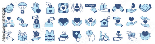 Charity donation icon set. Volunteer support symbols with heart, hands, money, blood, food, shelter and firstaid. Outline vector icons on transparent background