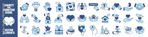 Charity and donation icon set. Volunteer help, fundraising, nonprofit, heart, hands, sharing and humanitarian support. Outline vector collection on transparent background