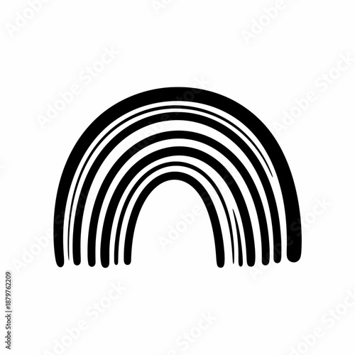 Stylizowana czarno-biała ilustracja tęczy z wieloma równoległymi łukami, tworząca minimalistyczny wzór graficzny.