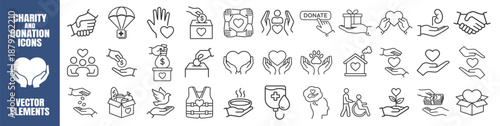 Charity and donation icon set. Volunteer help, support, assistance, sharing and solidarity symbols. Solid vector collection on transparent background