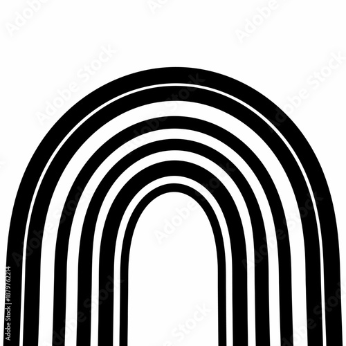 Minimalistyczny czarno-biały łuk tęczy, abstrakcyjny wzór graficzny z grubymi liniami.