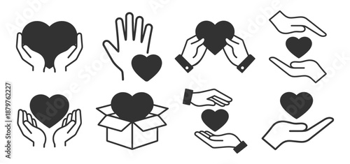 Charity and donation icon set. Heart and hands symbols, volunteer help, support, kindness, sharing and care. Outline vector icons on transparent background