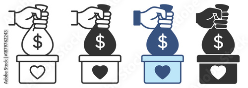 Donation and charity icon set. Hand putting money bag into heart box, fundraising, giving and support. Minimal outline vector symbols on transparent background