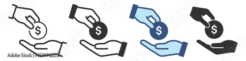 Donation and charity icon set. Hand giving money coin symbol, fundraising, support and help. Minimal outline vector icons on transparent background