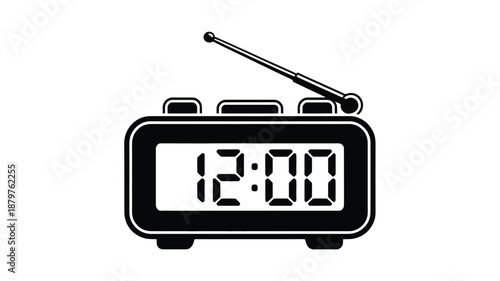 Classic black and white digital alarm clock radio showing 12:00 with an antenna Vector