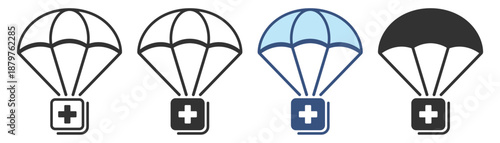Humanitarian aid icon set. Parachute delivery with medical box symbol, charity donation, emergency relief and rescue. Flat silhouette vector collection on transparent background