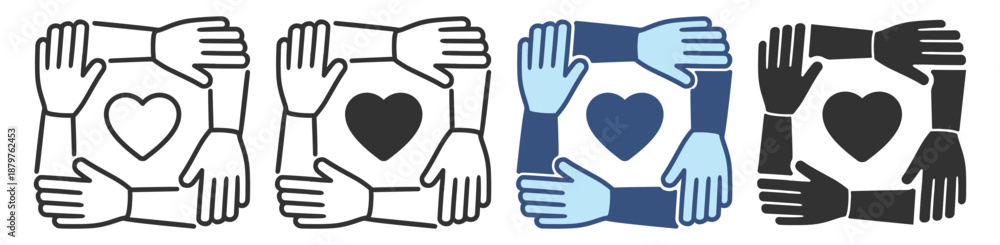 Obraz premium Community support icon set. Hands around heart symbol, teamwork, unity, solidarity and charity help. Minimal outline vector icons on transparent background