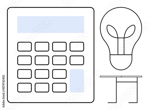 Office productivity, creativity, modern workspace, innovation, problem-solving, professional tools. Minimalistic ion of a calculator, light bulb and table. Office productivity and creativity