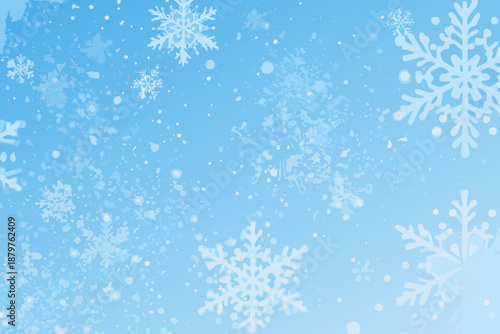 A serene winter backdrop featuring delicate white snowflakes on a blue gradient