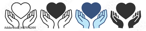 Charity heart icon set. Heart in hands symbol, love, support, help and care. Minimal outline vector icons on transparent background