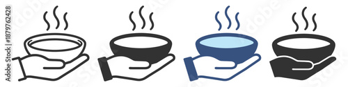 Food charity icon set. Hand holding soup bowl symbol, volunteer help, donation, support and care. Minimal outline vector icons on transparent background