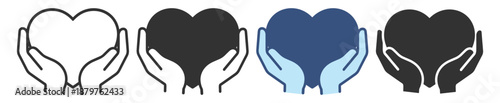 Charity heart icon set. Heart in hands symbol, love, support, help and care. Minimal outline vector icons on transparent background