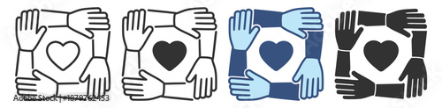 Community support icon set. Hands around heart symbol, teamwork, unity, solidarity and charity help. Minimal outline vector icons on transparent background
