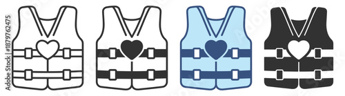 Volunteer charity icon set. Safety vest with heart symbol, rescue help, support and community aid. Flat silhouette vector collection on transparent background