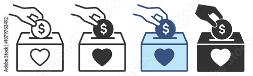 Charity donation icon set. Hand putting money coin into heart box, fundraising, volunteer help and support. Editable outline vector icons on transparent background
