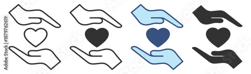 Charity donation icon set. Heart between hands symbol, volunteer help, support, love and care. Minimal outline vector icons on transparent background