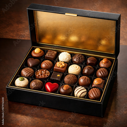 Luxurious Assorted Chocolate Truffles in Elegant Gift Box — Gourmet Valentine’s Day Chocolates Selection with Decorative Filling and Shiny Finish
