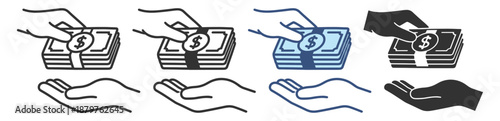 Charity donation icon set. Hands giving money cash, fundraising, support and help. Minimal outline vector symbols on transparent background