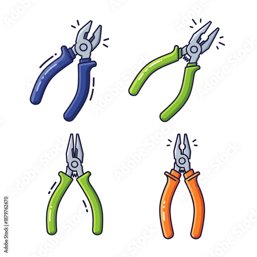 A set of colorful pliers on a white background