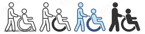 Wheelchair assistance icon, caregiver pushing disabled patient, accessibility and mobility support, minimal outline vector illustration on transparent background