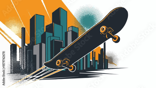A dynamic illustration showcases a skateboard soaring above a stylized cityscape featuring bold colors and energetic lines