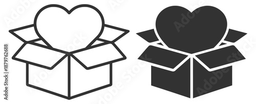 Charity donation icon set. Heart in box symbol, fundraising, giving, volunteer help and support. Minimal outline vector icons on transparent background