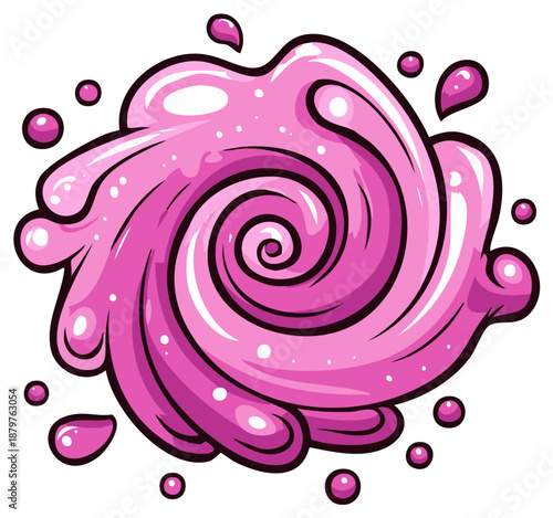 Cartoon pink bubble gum or slime swirl illustration with glossy liquid splashes