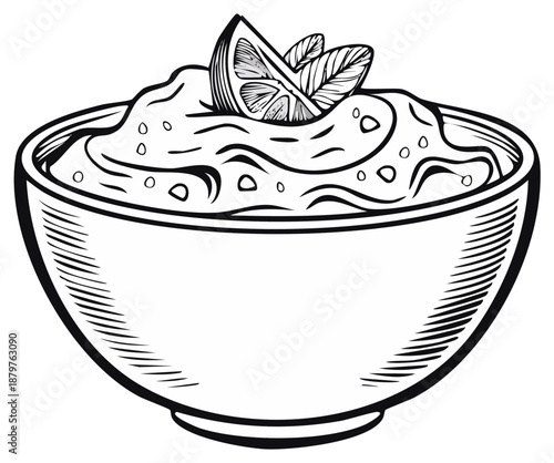 Bowl of dip with lemon slice and sprig of herbs in a hand-drawn style