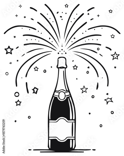 Champagne bottle popping with festive burst of stars and lines hand drawn illustration