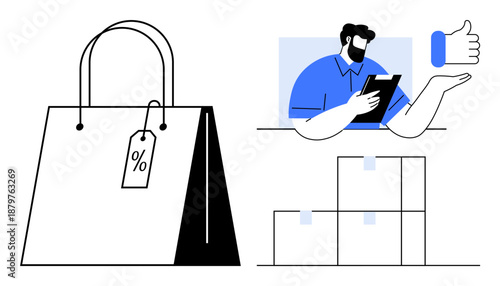 E-commerce, retail, delivery, shopping reviews, consumer experience, product management. A shopping bag, person reviewing products and package boxes. E-commerce and retail concept