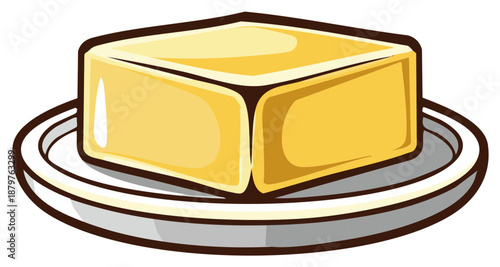 A block of yellow butter sits on a white dish