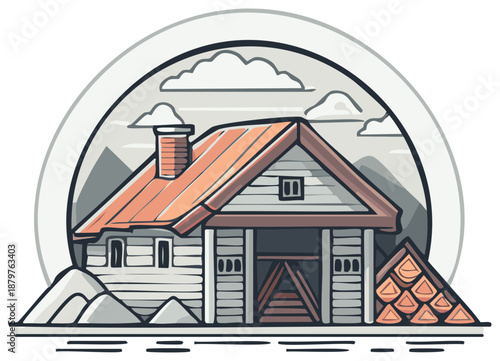Stylized Mountain Cabin with Wood Pile Illustration featuring neutral colors, roof chimney and surrounding clouds