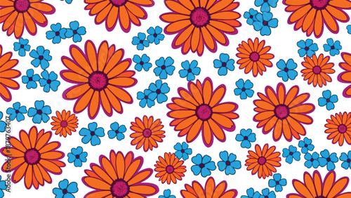 Vibrant psychedelic floral pattern featuring bold orange daisies with magenta centers interspersed with bright blue blossoms on a clean white background creating a retro textile look