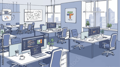 A brightly lit modern office space with multiple workstations computers and a cityscape visible through large windows