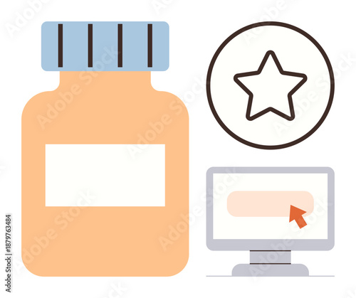 Pharmacy services, product ratings, digital health, online reviews, telehealth, e-commerce. Medicine bottle, star circle monitor with cursor. Pharmacy services and product ratings concept