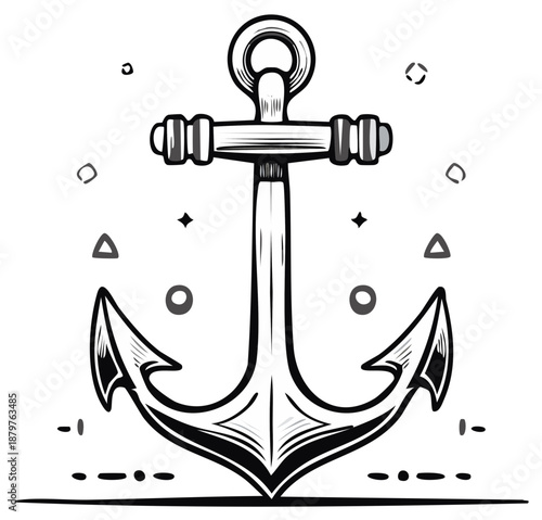 Vintage Naval Anchor, Detailed Vector Drawing of a Traditional Maritime Anchor with Decorative Elements, Black and White Illustration