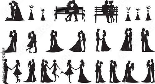 A collection of a couple in love silhouettes, holding hands, hugging, sitting on a bench, wedding invitation style, elegant and slender shapes, solid black, flat vector, isolated on white background.