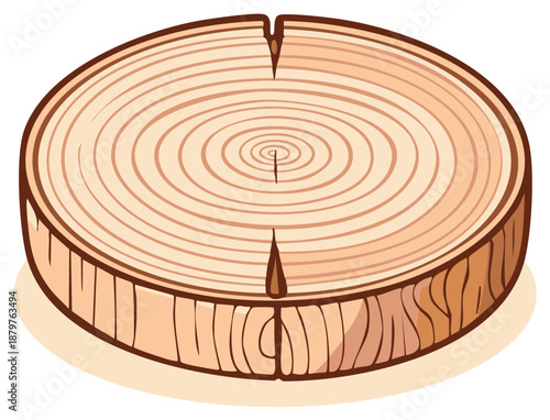 Detailed illustration of a light brown wood slice with visible growth rings and a crack