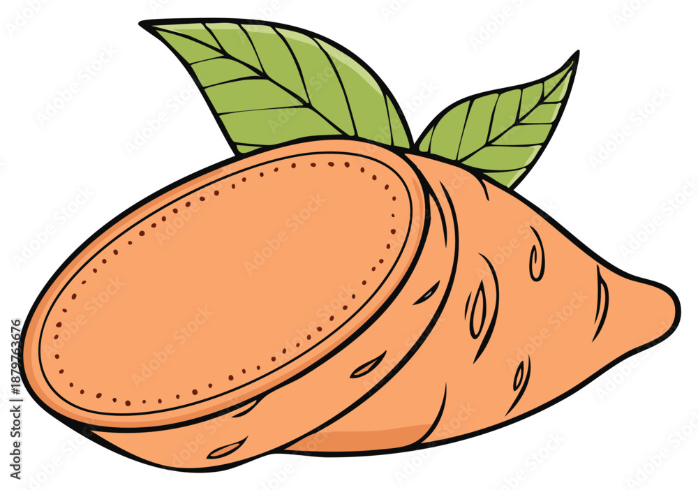 Obraz premium Illustrated sweet potato with green leaves, cartoon style, vegetable food ingredient.
