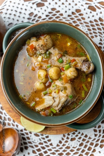 Fotografie Top View of Traditional Paraguayan Vori Vori Soup with Chicken and Cornmeal Ball