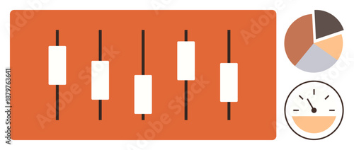 Stock trading, financial forecasting, market analysis, data visualization, investment planning, performance tracking. Candlestick chart, pie chart and gauge meter on orange background. Financial