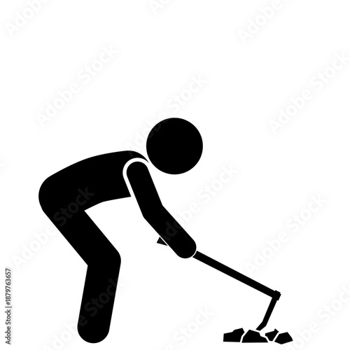 Stick figure digging soil with hoe tool.