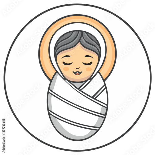 Cartoon illustration of a baby swaddled in a blanket inside an halo circle