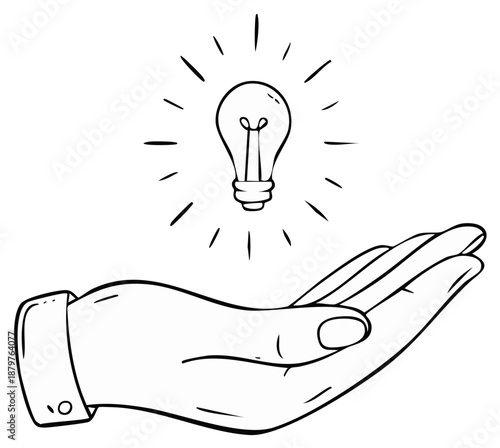 Hand presenting a glowing light bulb, symbolizing a new idea, creativity, and innovation