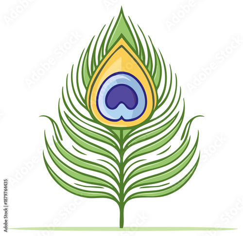 Vibrant Peacock Feather Illustration with Green Shaft and Eye Shape