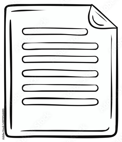Document with curled corner and text lines illustration, paper sheet outline art, simple form doodle, black and white page