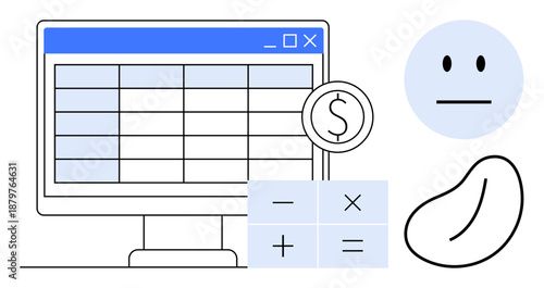Financial tools, budgeting, data organization, finance management, balance tracking, personal accounting. Spreadsheet on a screen with calculator icons. Financial tools and budgeting concept