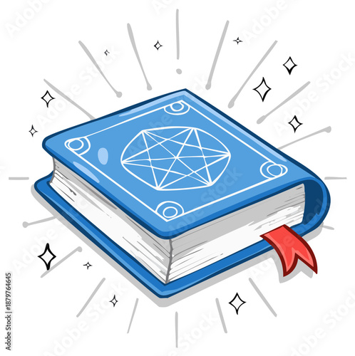 Blue Magic Spell Book with Glowing Symbols and Ribbon Bookmark