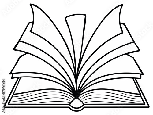 Open book with pages fanned out in a symmetrical drawing outline illustration