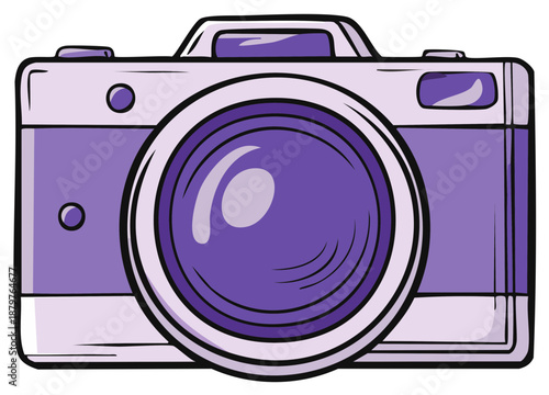 Cartoon illustration of a purple photo camera with a large lens and bold outlines